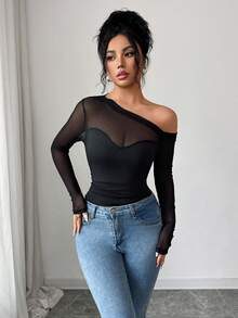 Rafferiza New Women's Elegant Top With Sexy Mesh Paneling, Curved Chest Design, Fitted Waist, Long Sleeves, Black Mesh Paneling Sexy Top - Black - View 5