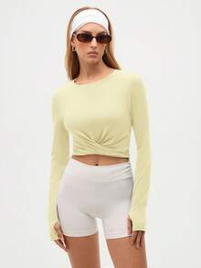 Eassivo Eassivo Áo thun dài tay dáng lửng màu trơn dành cho nữ, kiểu dáng thể thao thường ngày. - Màu vàng - Xem 5