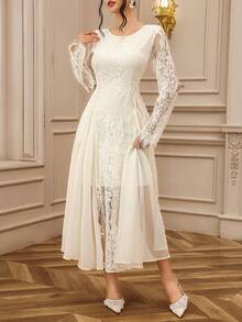 DAZY Đầm dài dáng xòe tay bồng phối ren tương phản thanh lịch dành cho nữ, thích hợp cho tiệc tùng, mùa xuân và mùa thu. - Màu be - Xem 3