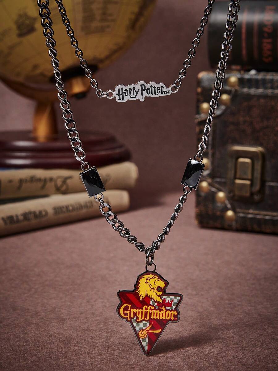 HARRY POTTER X SHEIN 1件套房屋标志性狮子吊坠项链，可爱休闲，适合日常佩戴 - 槍黑色 - 查看 1