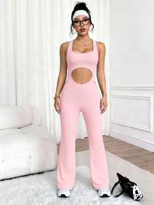 Sovereign Charm Yoga U-Neck Racerback Hollow Out Fitted Jumpsuit - White - View 5