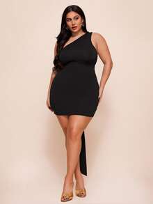 SHEIN BAE Vestido negro asimétrico de hombros para vacaciones, talla grande y mini - Negro - Ver 3