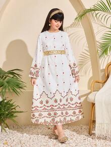 Tween Girl Floral Print Flare Sleeve Dress With Waist Tie And Ruffle Hem - White - View 7