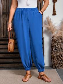 SHEIN Pantalones informales de talla grande con cordón en unicolor - Azul - Ver 5