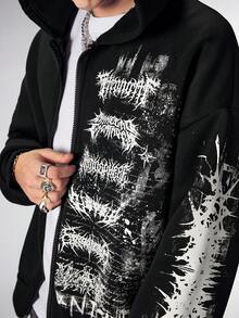 ROMWE MEN Men's Gothic Letter Print Zip-Up Casual Loose Hoodie Sweatshirt - Black - View 7