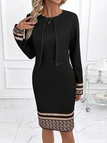 SHEIN Clasi Women's Round Neck Sleeveless Cinched Waist Elastic Knit Geometric Print Long Sleeve Cardigan, Elegant For Daily Wear And Commute, Autumn/Winter 2-Piece Set Women's Sets Plaid Print Black, Work Suit, Office Attire - Black and White - View 10