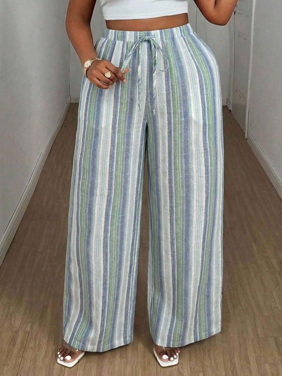 Maweii Quần ống rộng kẻ sọc dáng suông thoải mái dành cho nữ cỡ lớn, có dây rút. - Nhiều màu - Xem 1