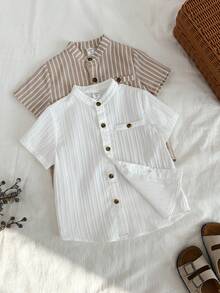 SHEIN 两件套男童休闲百搭纯色卡其条纹白领短袖衬衫套装，适合生日派对、锐舞派对、晚宴、演出、婚礼、洗礼、庆典等场合。 - 彩色 - 查看 5