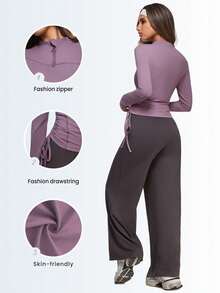 Eassivo Eassivo Women's Mauve Zip-Up Drawstring Top & Coffee Wide Leg Pants Set,Two Piece Athleisure, Modest Active Wear Set,Modest Gym Wear Women - Grey - View 3