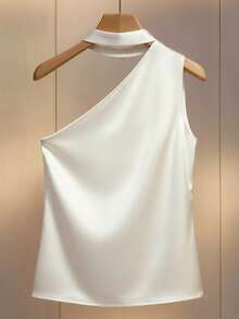 SHEIN Franclia Elegant Stretch Satin Halter Neck Sleeveless White Blouse, Suitable For Party And Everyday Wear, Spring/Summer - White - View 2