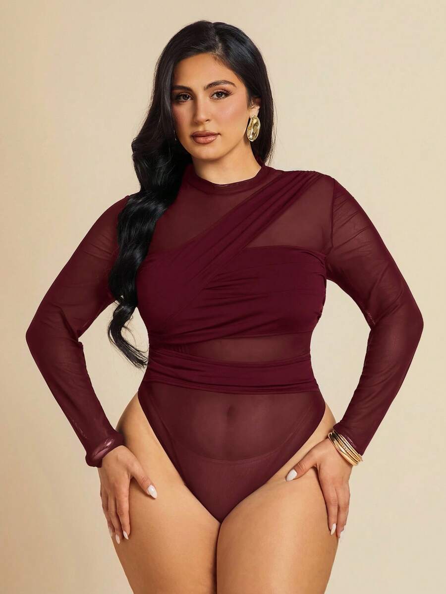SHEIN BAE 加大码黑色不对称系带长袖透视女式紧身衣，适合鸡尾酒会、浪漫约会、秋冬打底、派对、正式聚会、网眼紧身衣、7 月 4 日曲线、女士度假服装、女士生日服装、女士机场服装、女士婚礼宾客礼服、7 月 4 日女士、女士夏装、女士性感俱乐部服装、狂欢节服装、女士性感俱乐部服装、毕业典礼 - 酒紅色 - 查看 1