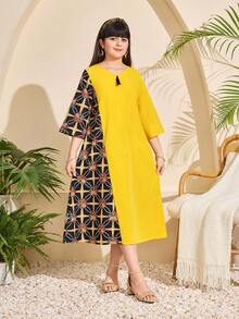Robe décontractée de style arabe moyen-oriental pour préadolescentes, motif patchwork, jaune vif, convient pour les vacances, les sorties et les voyages - Jaune citron - Voir 6