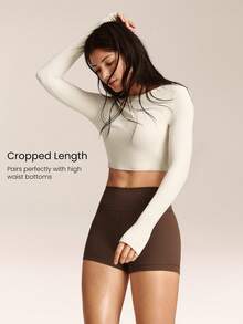 GLOWMODE FeatherFit™ Short And Sweet Buttery-Soft Twisted Open Back Design Thumbholes Long-Sleeve Crop Top Low Impact Yoga Studio Daily Casual Wear Removable Cups - White - View 2