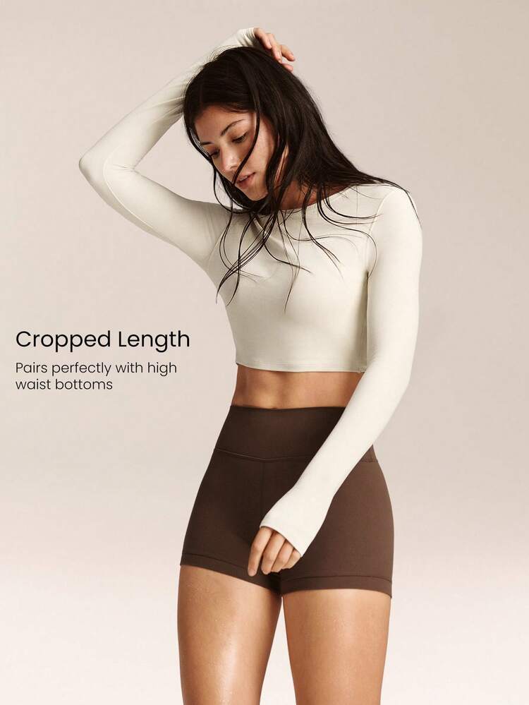 FeatherFit™ Short And Sweet Buttery-Soft Twisted Open Back Design Thumbholes Long-Sleeve Crop Top Low Impact Yoga Pilates Studio Daily Casual Wear Removable Cups
