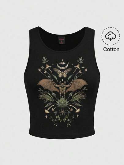 Débardeur graphique pour femmes avec motif gothique sombre et mystérieux de papillon noir et de champignon à l'œil