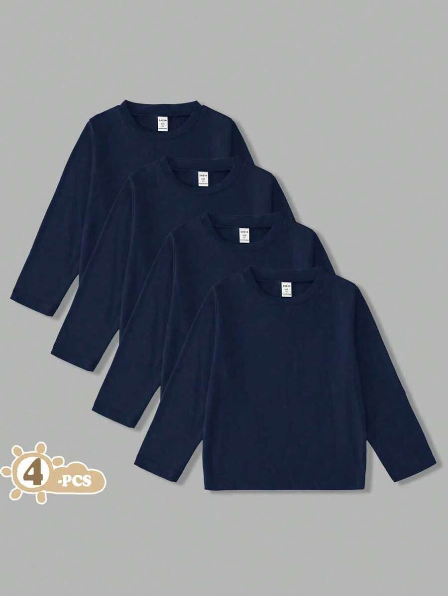 4pcs/Set Young BoyCasual Solid Color Versatile Crew Neck Long Sleeve T-Shirts, Suitable For All Seasons - Blue - View 1