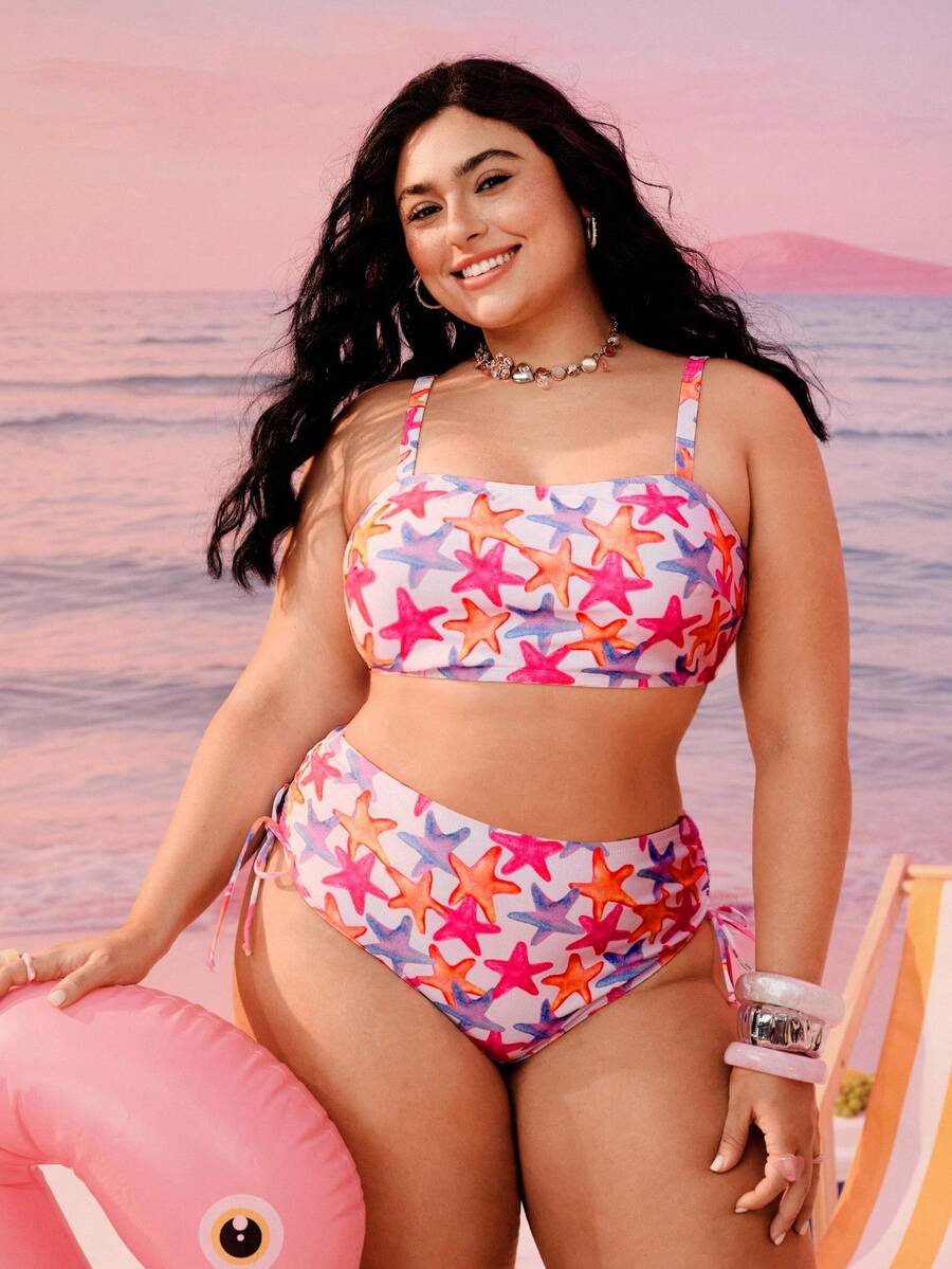 Swim Mod 大码海星印花系带两件套吊带泳衣 - 彩色 - 查看 1