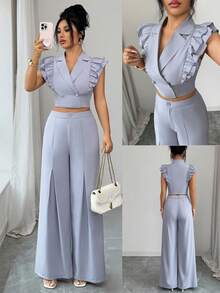 Elenzga 2pcs Women Gray Double Layer Cap Sleeve Top And Pants Set, Suitable For Spring, Summer, Autumn, Winter, Party, New Year, Thanksgiving, Christmas, Valentine's Day, Halloween, Casual Wear - Grey - View 1