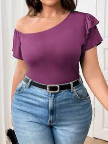 Elenzga Áo thun tay ngắn dáng rộng, hở vai, dáng rộng, đa năng, size lớn cho nữ - Màu tím - Xem 5