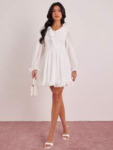 Enchnt Spring/Summer Romantic Women's Elegant White Minimalist Ruffle Hem Long Sleeve Mini Dress, Casual Everyday Wear, Elegant & Chic,Summer,Sweet&Elegant For Vacation&Date&Holiday&Going Out&Valentine's Day,Spring Outfit Women - White - View 1