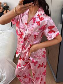 Dream Adore Conjunto de pijama de seda sintética con estampado de rayas y lazo rosa, regalo del Día de San Valentín para mujeres - Rosa - Ver 6