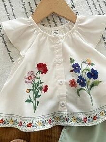 SHEIN LMoss Kids 女宝宝度假休闲可爱碎花荷叶边短袖上衣和松紧腰短裤套装 - 彩色 - 查看 5