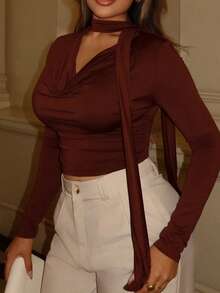 Maria Perezxox 1pc Women Simple Elegant Long Sleeve Draped Collar Pleated Fitted T-Shirt - Brown - View 3