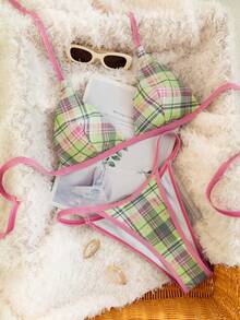 Swim Mod 两件套春假格子印花露背性感优雅度假比基尼套装，适合海滩、泳池、派对、圣诞节等场合，女士 - 彩色 - 查看 1