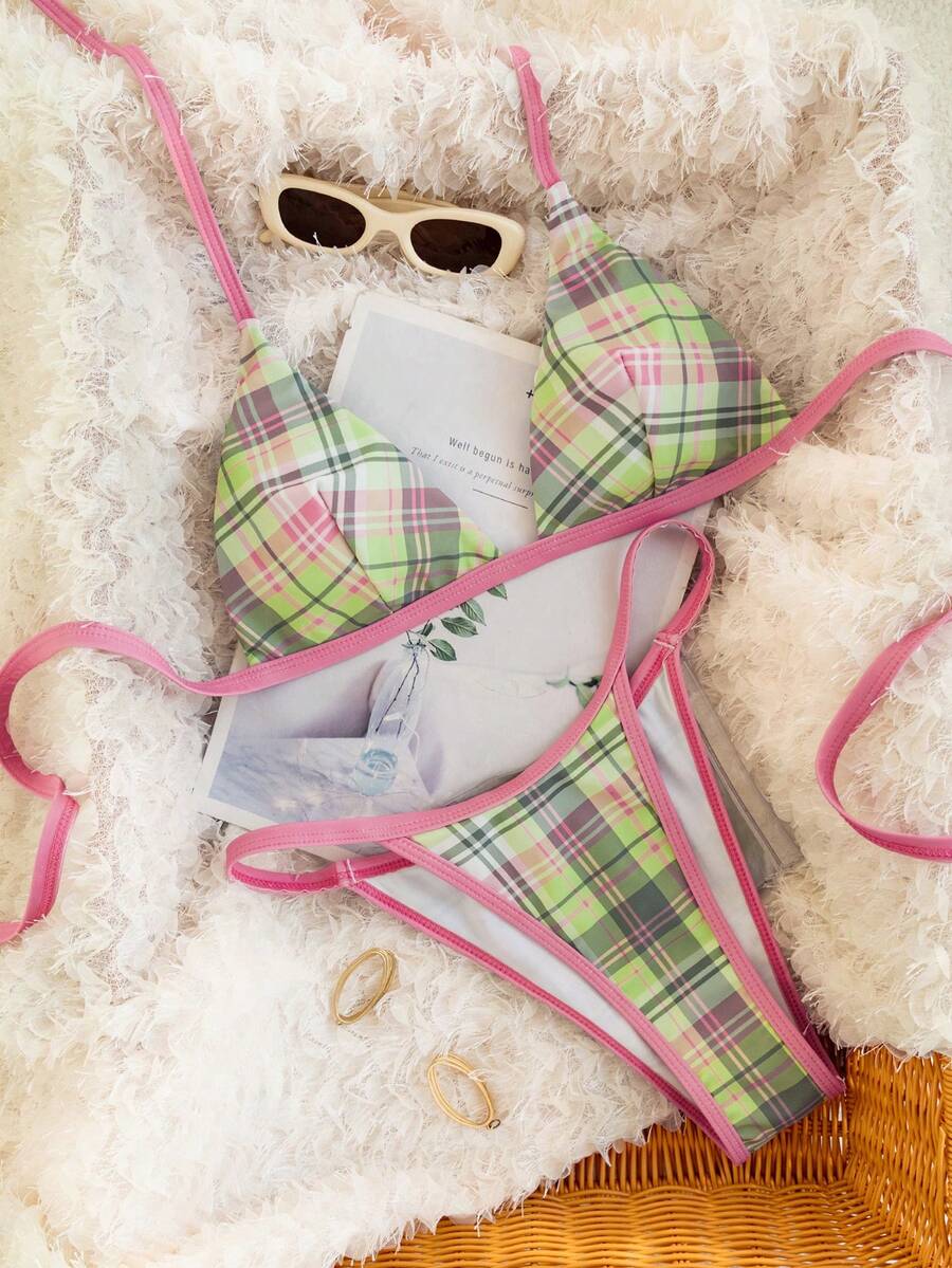 Swim Mod 两件套春假格子印花露背性感优雅度假比基尼套装，适合海滩、泳池、派对、圣诞节等场合，女士 - 彩色 - 查看 1