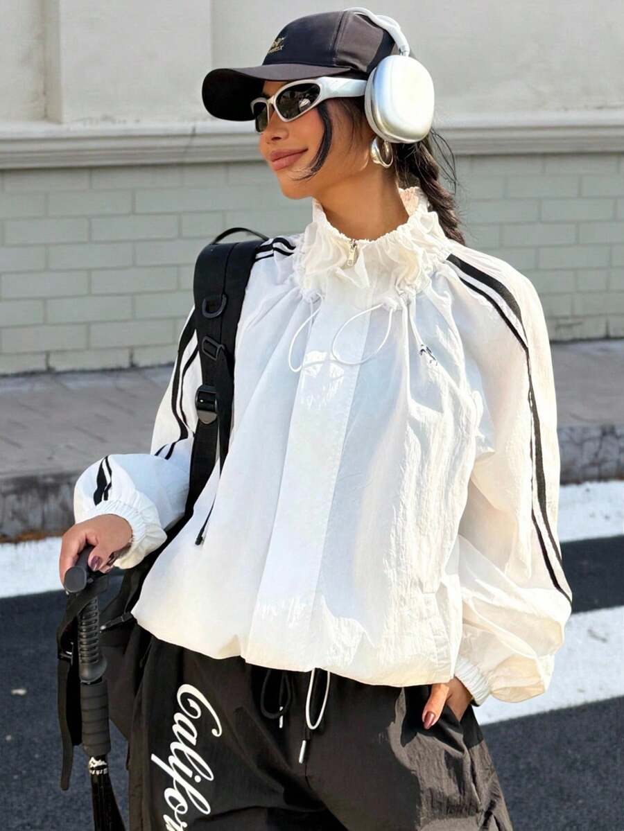 Muchica Women's Casual Outdoor Woven Tape Splice Lightweight Jacket - White - View 1