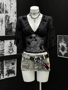 SHEIN DivaQ Women's Fashionable Black Flocked Mesh Deep V-Neck Long Sleeve T-Shirt - Black - View 3