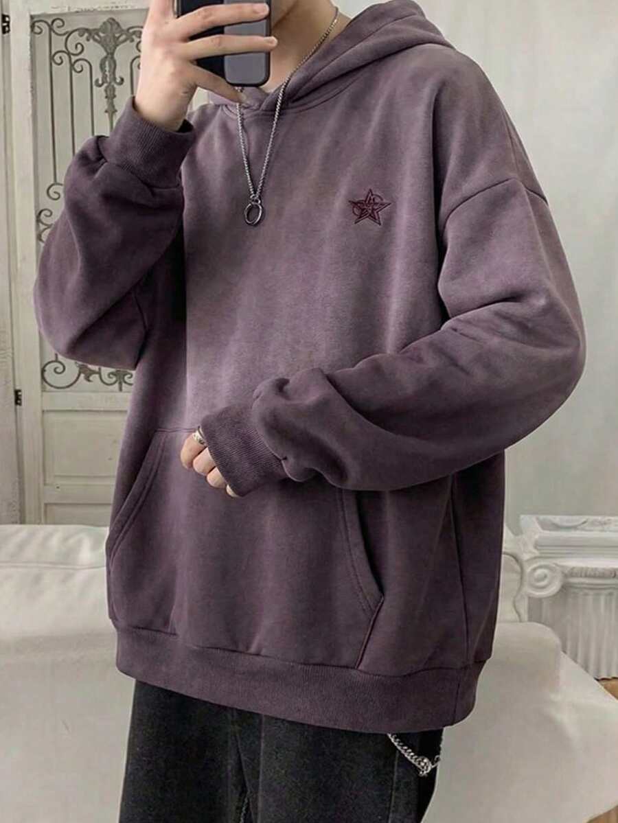NORVETH 男士标准尺码休闲长袖连帽运动衫，带刺绣，水洗棕色，春秋季，秋冬 - 棕色 - 查看 1