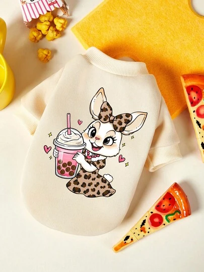 PETSIN 1 Piece Cute Leopard Print Dress, Little Rabbit Drinking Milk Tea, Love Star Print Pet , Beige Autumn And Winter Thick Warm And Casual Pet Clothes