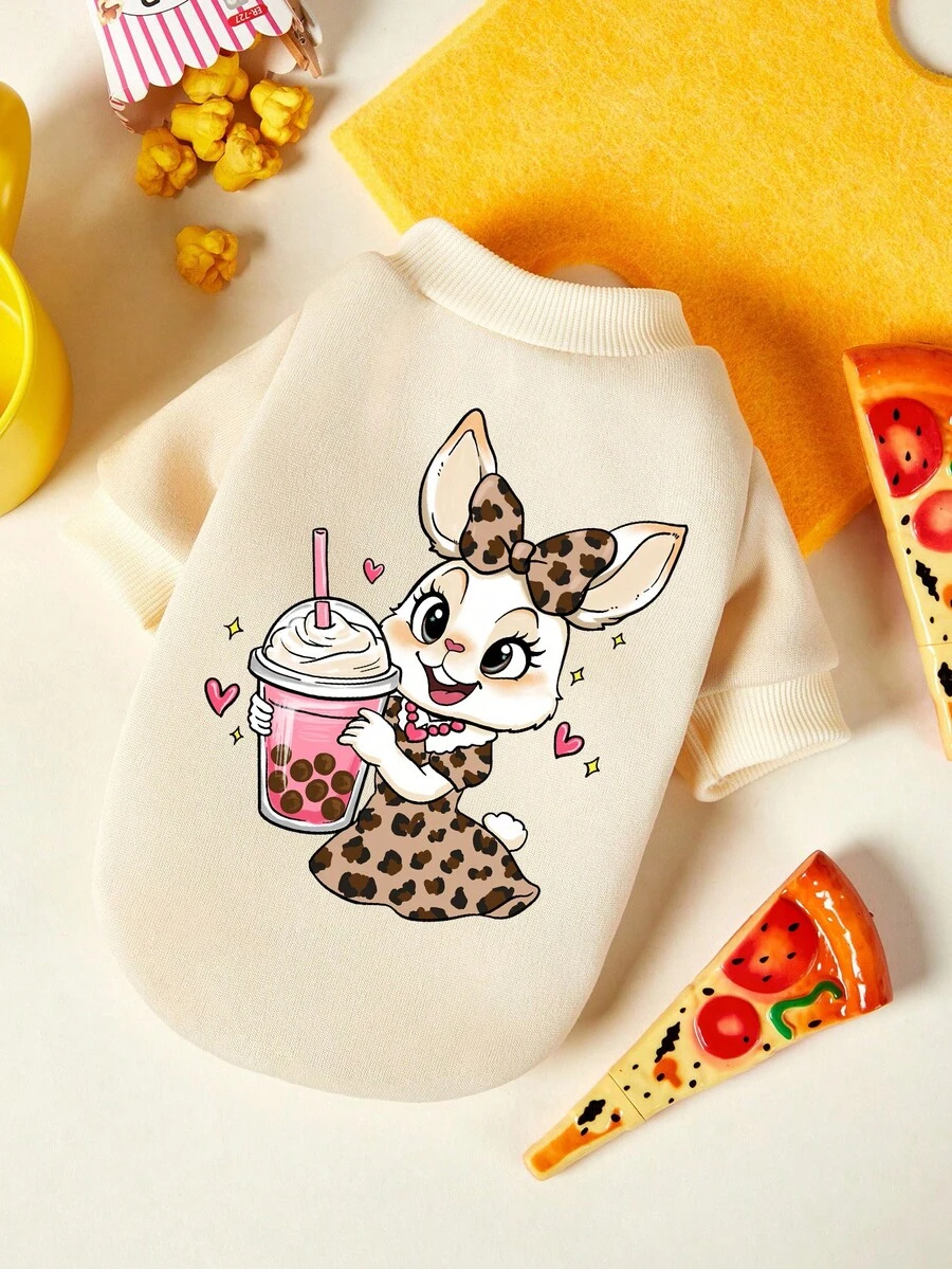 PETSIN 1 Piece Cute Leopard Print Dress, Little Rabbit Drinking Milk Tea, Love Star Print Pet , Beige Autumn And Winter Thick Warm And Casual Pet Clothes - Beige - View 1