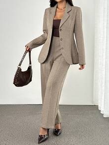 SHEIN PETITE 格子收腰女士长袖外套和裤子休闲套装，秋冬女装，女士西装裤套装，粗花呢两件套西装外套套装 - 灰色 - 查看 5