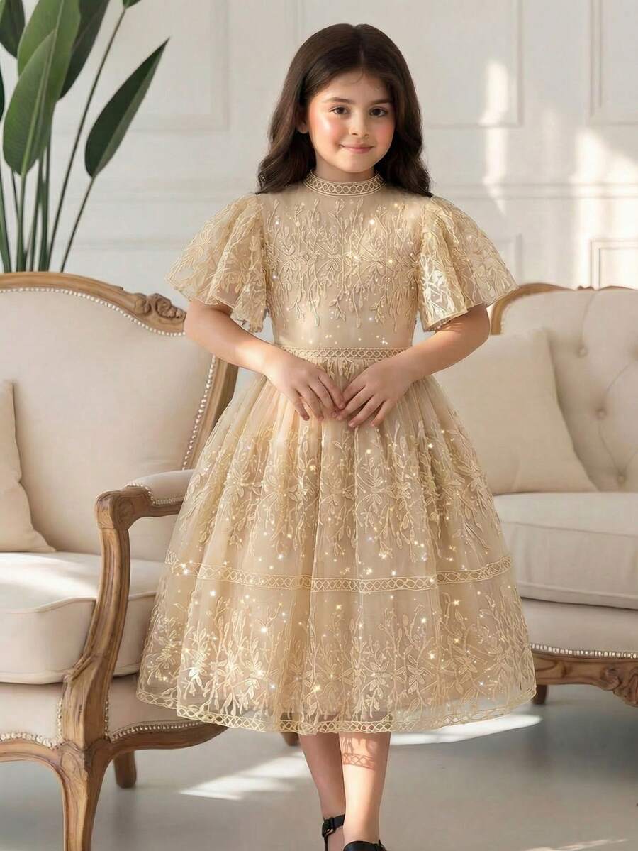 SHEIN 少女优雅蕾丝派对生日公主裙 - 金色 - 查看 1