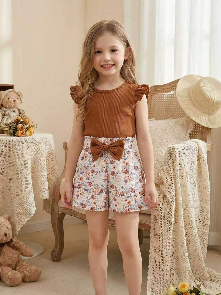 SHEIN Elladie kids 2件套女童夏季休闲纯色荷叶边上衣和印花蝴蝶结装饰短裤套装 - 棕色 - 查看 1