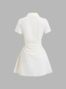 Sweetra Đầm sơ mi tay ngắn màu hồng ngọt ngào và tươi mát, kiểu dáng ôm eo tôn dáng, thích hợp cho mùa hè. - Màu be - Xem 2