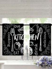 2pcs Piece Pastoral Theme, Kitchen Cutlery Food Cooking Print Curtains, Curtain Curtain Rod Pocket Pastoral Kitchen Curtains, Cafe Curtains Living Room Office Bedroom Home Decorative Curtains - Black - View 5