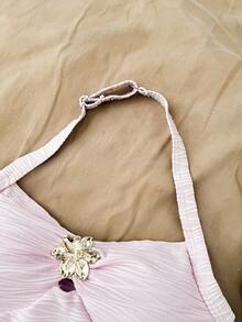 SHEIN Teen Girls Vacation Halter Tie V-Neck Floral Metal Buckle White Knit Textured Snug Fit One-Piece Swimsuit - Pink - View 3