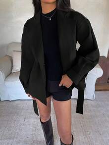Aloruh Women's Solid Color Lapel NeckLong Sleeve Casual Overcoat, Autumn/Winter - Black - View 9