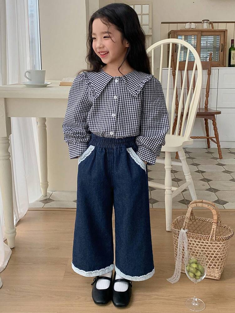 Young Girls Lace Patchwork Casual Wide Leg Jeans