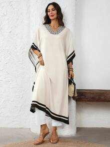 SHEIN LUNE 女士时尚休闲撞色V领连衣裙 - 彩色 - 查看 8