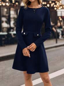 EMERY ROSE Women's Elegant Navy Blue Long Sleeve Mini Dress,Solid Color Button Blazer Dress For Autumn Office,Dark Blue Dress - Navy Blue - View 4