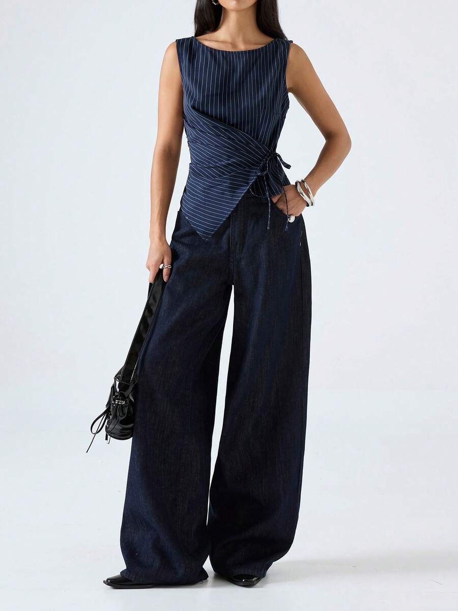 LYSMO Women's Minimalist Printed Sleeveless Round Neck Tank Top - Navy Blue - View 1