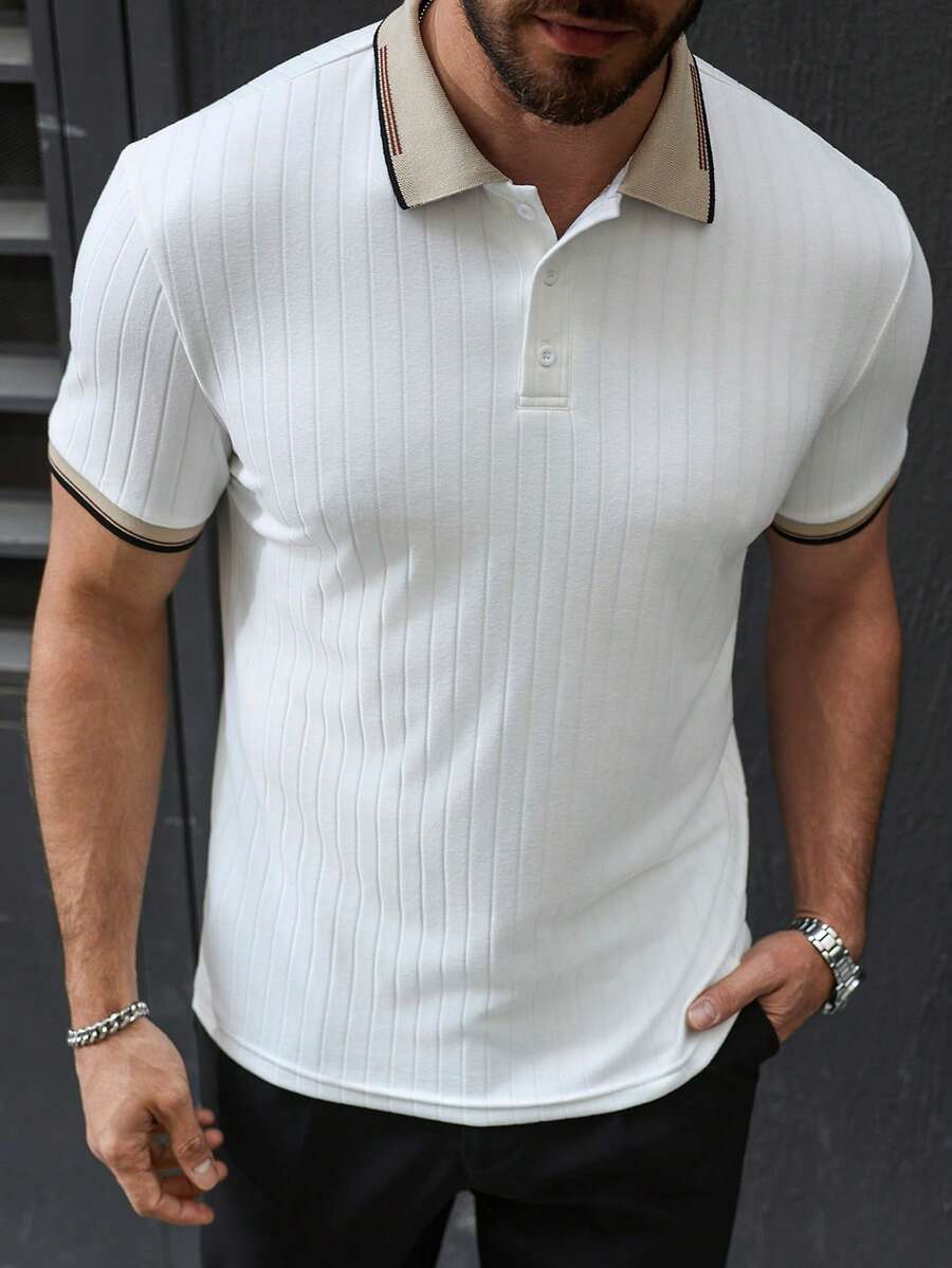 Manfinity CasualCool Men's Casual Ribbed Collar Short Sleeve Polo Shirt Men's Knit Polo Shirt Men's T Collar T Shirt Men's Casual Tops Men Polo Shirts Ribbed Polo Shirt - White - View 1
