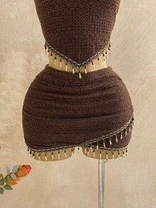 Soleia 女士性感复古图案串珠装饰紧身迷你裙，适合假日派对、约会之夜、夜店、波西米亚风、度假、秋季等场合。 - 棕色 - 查看 7