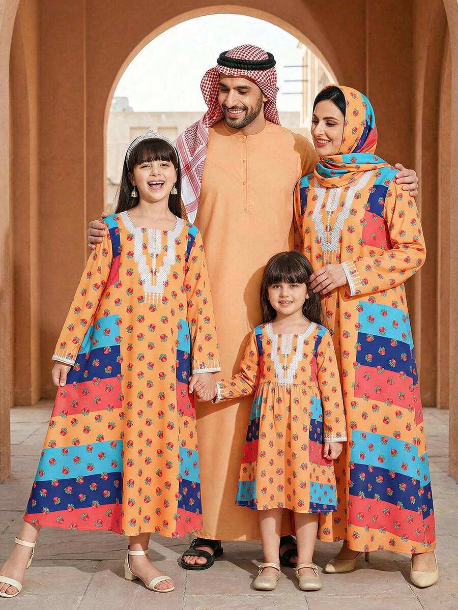 SHEIN Kleid mit Blumen-Kontrastfarbdruck rundum, dickes weiches 4-Wege-Stretchgewebe, elegante traditionelle arabische Kleidung Abaya - Verschiedenfarbig - Übersicht 1