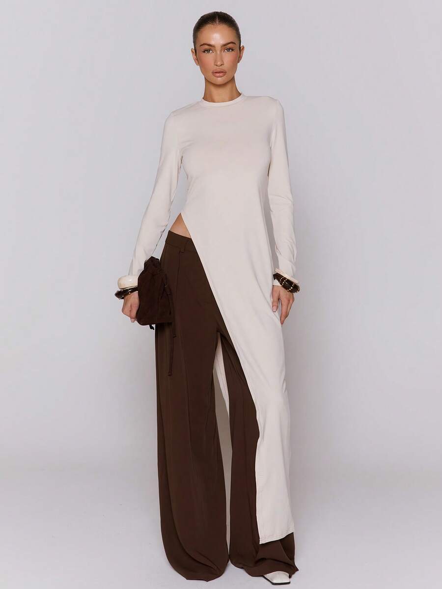 MUSERA Fitted Long Sleeve Extreme Maxi Asymmetrical Hem Top Cool Girl, Streetstyle, Cute, Fall, Autumn, Winter Festive, Holidays, - Apricot - View 1