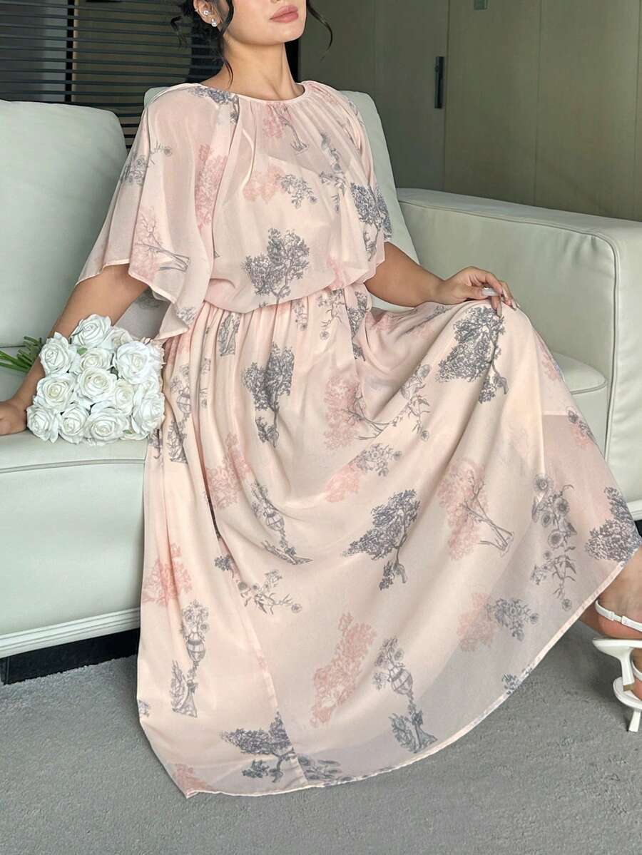 Dazy Plus 印花弹力腰雪纺长裙，优雅度假风，大码女装，春夏款